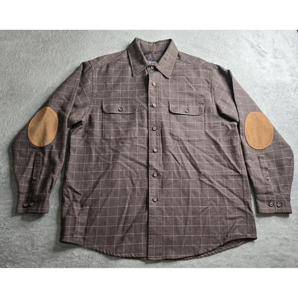 Brooks Brothers Worsted Wool Shirt Mens Large Brown Check L/S Elbow Patches